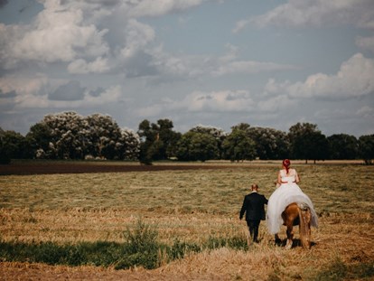 Hochzeitsfotos - Berufsfotograf - Carpin - Die Überraschung für die Braut war ein geschmücktes Pferd zum Fotoshooting. Der Bräutigam hatte diese ausgefallende Idee.  - Fotograf David Kohlruss